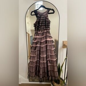 Anthropology Size XXS Pink Black Polka Dot Tulle Tiered Ruffle Dress